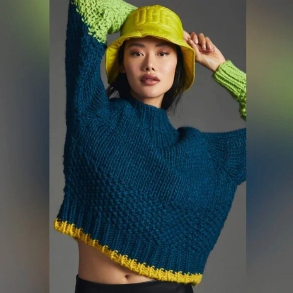 Dr. Bloom Women's Size Small Colorblock Sweater Mock Neck Cropped Teal Green
